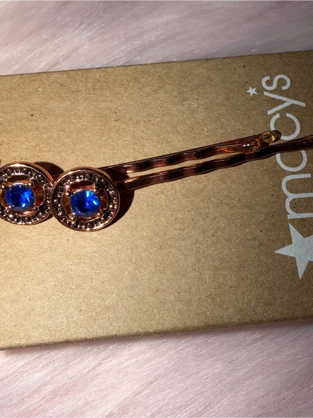 Macy's Rose Gold Bobby Pins with Blue Crystal Centers
